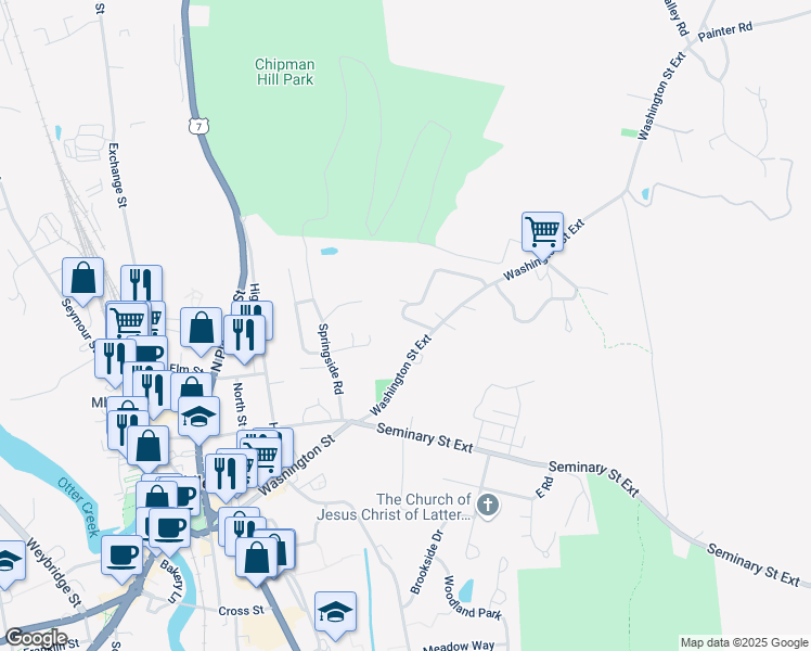 map of restaurants, bars, coffee shops, grocery stores, and more near 57 Colonial Drive in Middlebury