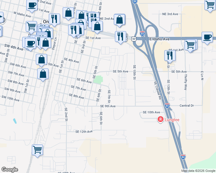map of restaurants, bars, coffee shops, grocery stores, and more near 666 Southeast 6th Street in Ontario