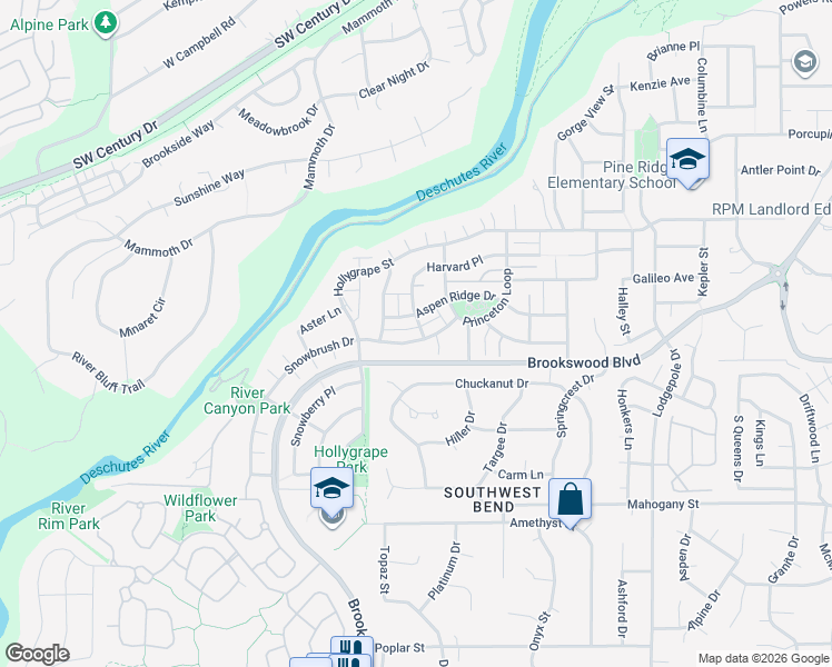 map of restaurants, bars, coffee shops, grocery stores, and more near 61162 Snowbrush Drive in Bend
