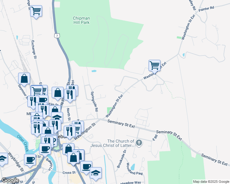 map of restaurants, bars, coffee shops, grocery stores, and more near 139 Washington Street Extension in Middlebury