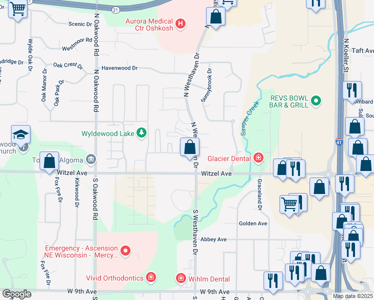 map of restaurants, bars, coffee shops, grocery stores, and more near 2500 Witzel Avenue in Oshkosh