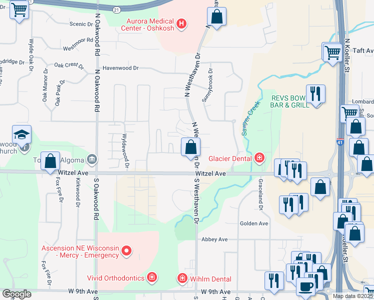 map of restaurants, bars, coffee shops, grocery stores, and more near 2520 Witzel Avenue in Oshkosh