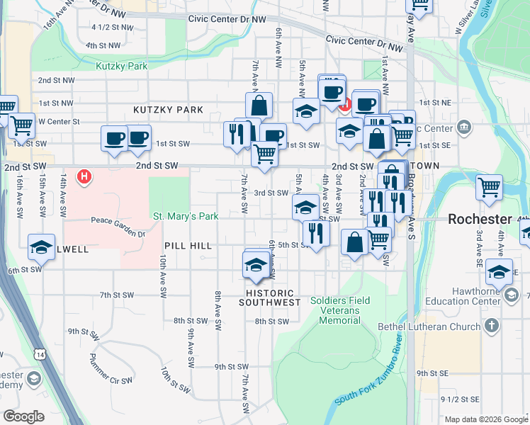 map of restaurants, bars, coffee shops, grocery stores, and more near 600 4th Street Southwest in Rochester