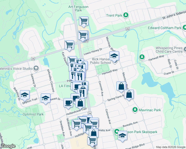 map of restaurants, bars, coffee shops, grocery stores, and more near 28 Hartwell Way in Aurora