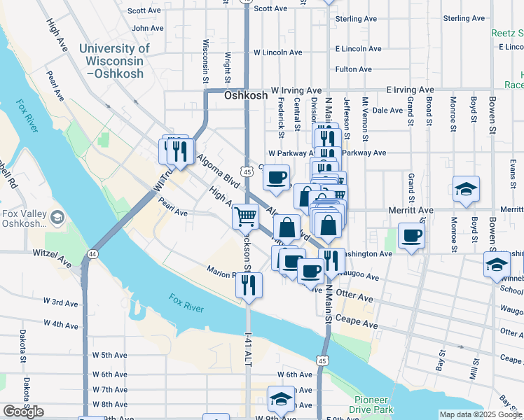 map of restaurants, bars, coffee shops, grocery stores, and more near 315 Algoma Boulevard in Oshkosh