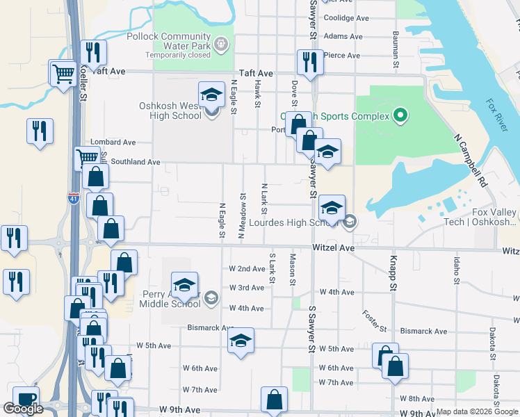 map of restaurants, bars, coffee shops, grocery stores, and more near 145 North Lark Street in Oshkosh