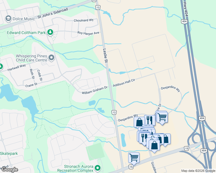 map of restaurants, bars, coffee shops, grocery stores, and more near 555 William Graham Drive in Aurora