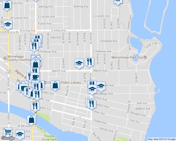 map of restaurants, bars, coffee shops, grocery stores, and more near 712 Merritt Avenue in Oshkosh