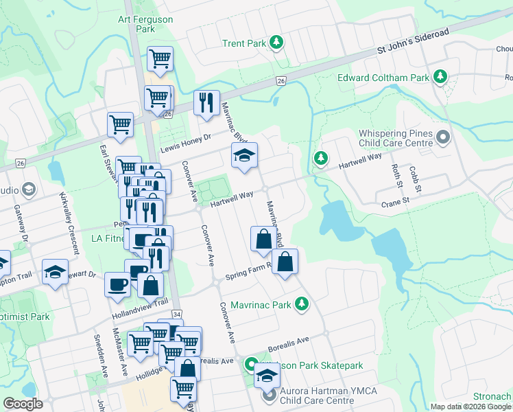 map of restaurants, bars, coffee shops, grocery stores, and more near 141 Usherwood Street in Aurora