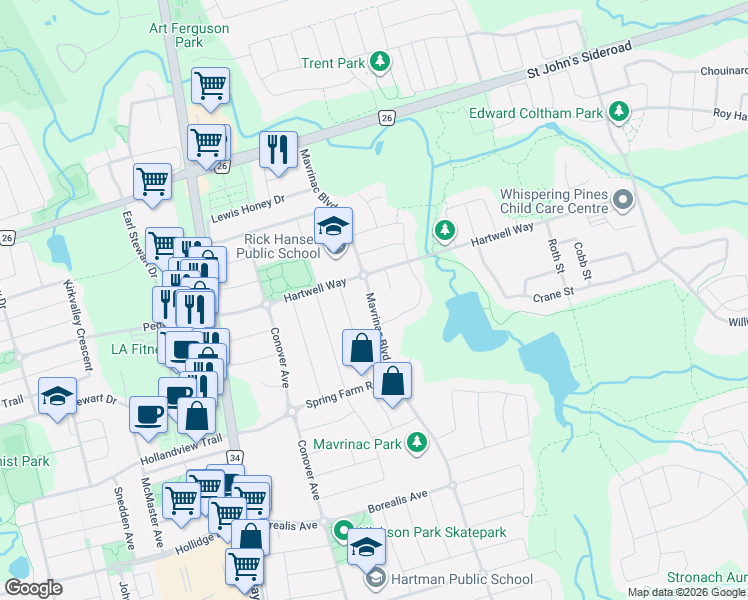 map of restaurants, bars, coffee shops, grocery stores, and more near 433 Mavrinac Boulevard in Aurora