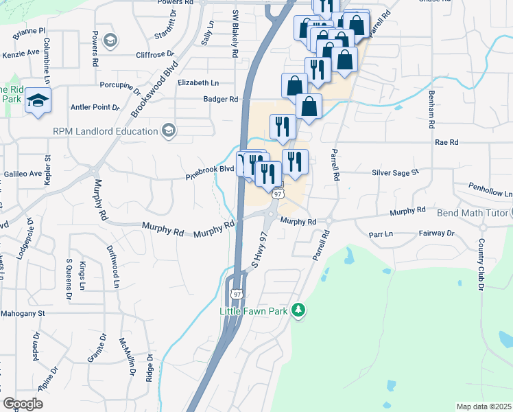 map of restaurants, bars, coffee shops, grocery stores, and more near 61097 South Highway 97 in Bend