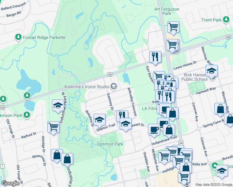 map of restaurants, bars, coffee shops, grocery stores, and more near 320 Kirkvalley Crescent in Aurora