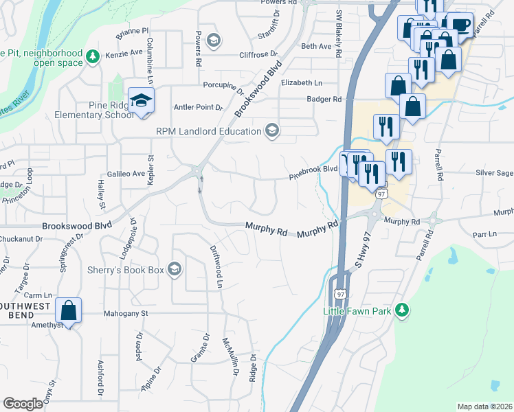 map of restaurants, bars, coffee shops, grocery stores, and more near 61114 Deer Valley Drive in Bend