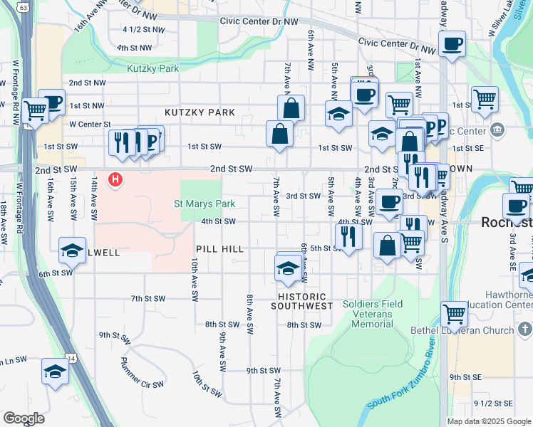map of restaurants, bars, coffee shops, grocery stores, and more near 706 4th Street Southwest in Rochester