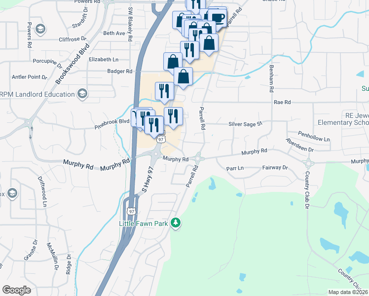 map of restaurants, bars, coffee shops, grocery stores, and more near 20199 Murphy Road in Bend