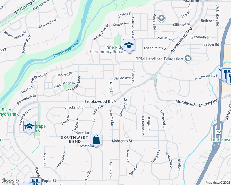map of restaurants, bars, coffee shops, grocery stores, and more near 19788 Astro Place in Bend