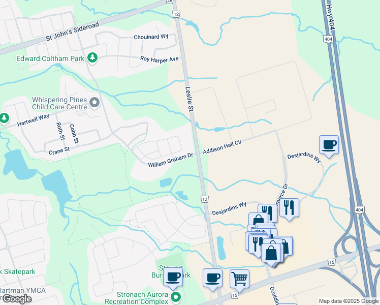 map of restaurants, bars, coffee shops, grocery stores, and more near 555 William Graham Drive in Aurora