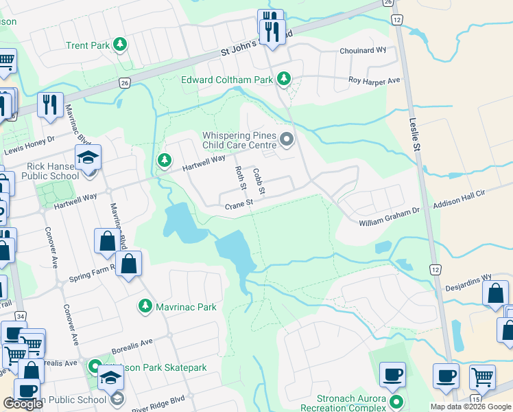 map of restaurants, bars, coffee shops, grocery stores, and more near 170 Crane Street in Aurora