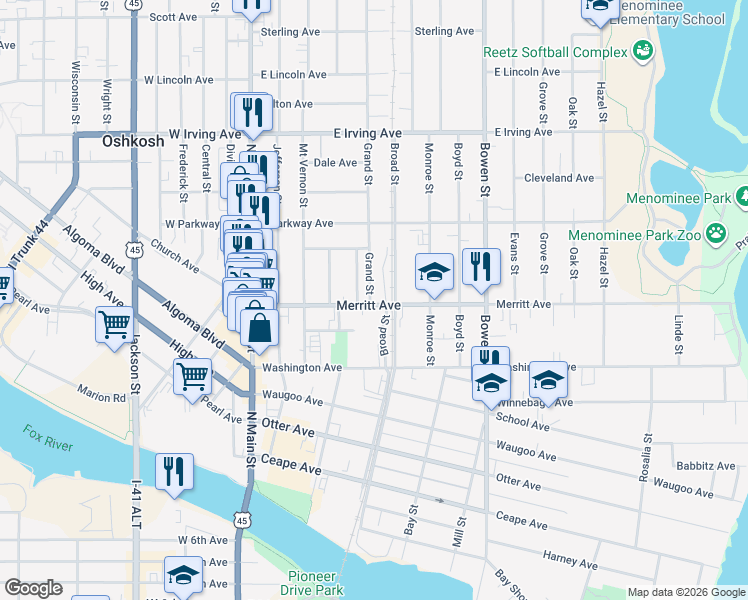 map of restaurants, bars, coffee shops, grocery stores, and more near 555 Pleasant Street in Oshkosh