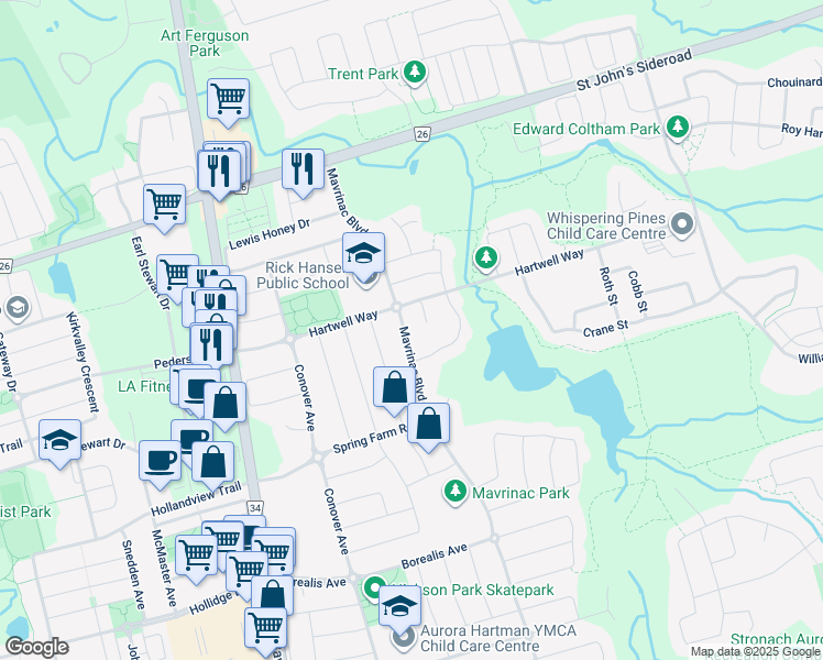 map of restaurants, bars, coffee shops, grocery stores, and more near 433 Mavrinac Boulevard in Aurora