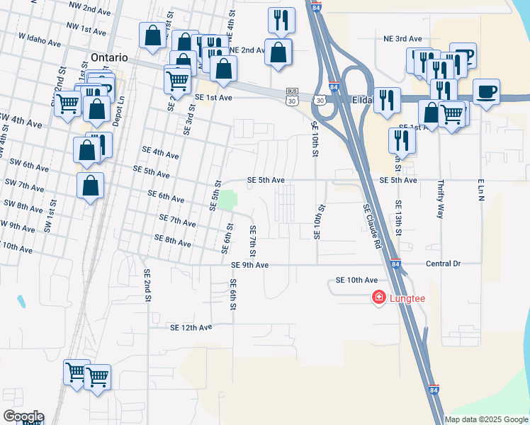 map of restaurants, bars, coffee shops, grocery stores, and more near 25 Southeast 8th Street in Ontario