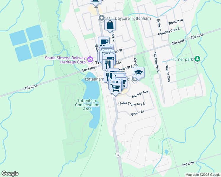 map of restaurants, bars, coffee shops, grocery stores, and more near 50 County Road 10 in New Tecumseth