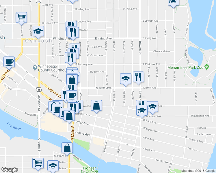 map of restaurants, bars, coffee shops, grocery stores, and more near 555 Pleasant Street in Oshkosh