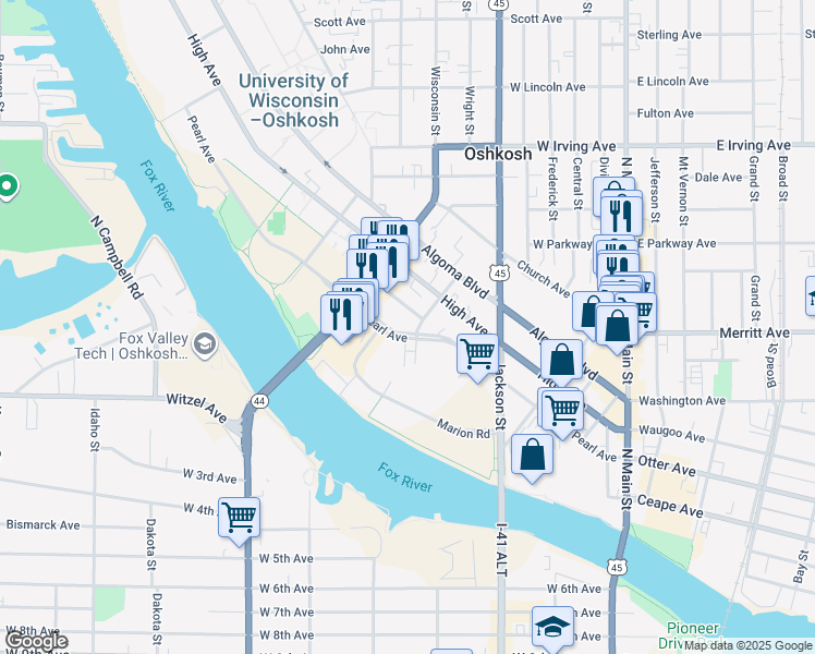 map of restaurants, bars, coffee shops, grocery stores, and more near 151 Dawes Street in Oshkosh