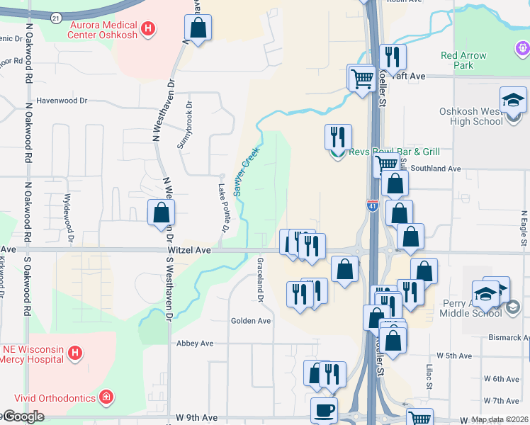 map of restaurants, bars, coffee shops, grocery stores, and more near 225 Westbrook Drive in Oshkosh