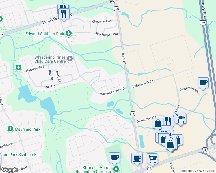 map of restaurants, bars, coffee shops, grocery stores, and more near 15 Durblee Avenue in Aurora