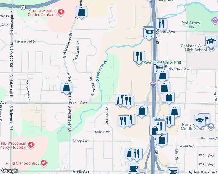 map of restaurants, bars, coffee shops, grocery stores, and more near 225 Westbrook Drive in Oshkosh