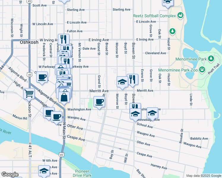 map of restaurants, bars, coffee shops, grocery stores, and more near 512 Merritt Avenue in Oshkosh