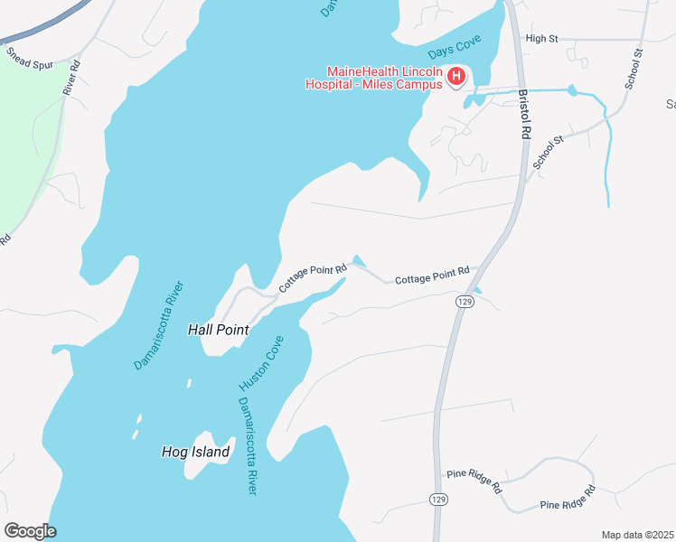 map of restaurants, bars, coffee shops, grocery stores, and more near Cottage Point Road in Damariscotta