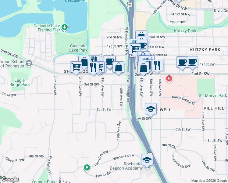map of restaurants, bars, coffee shops, grocery stores, and more near 1802 3rd Street Southwest in Rochester