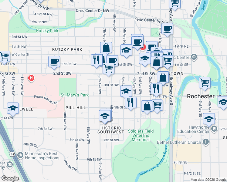 map of restaurants, bars, coffee shops, grocery stores, and more near 599 3rd Street Southwest in Rochester