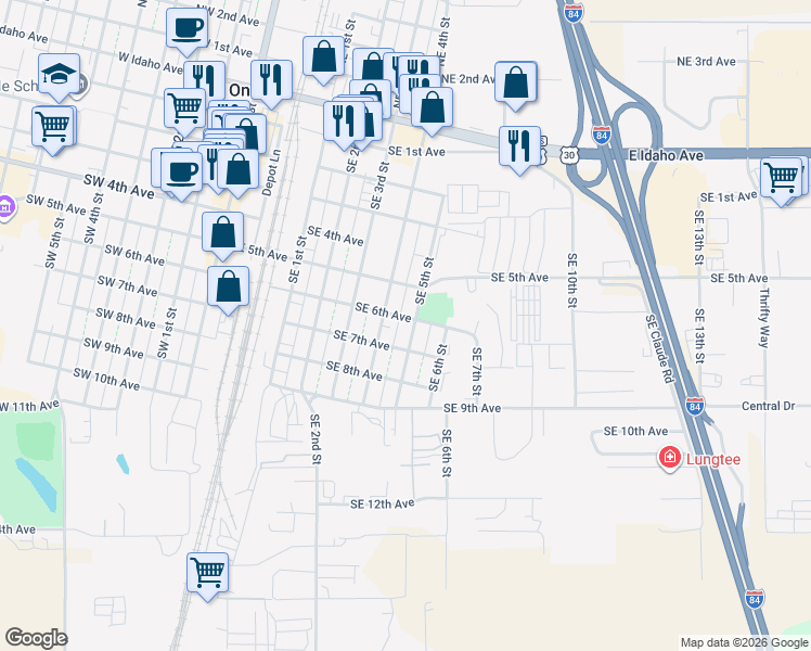 map of restaurants, bars, coffee shops, grocery stores, and more near 537 Southeast 5th Street in Ontario