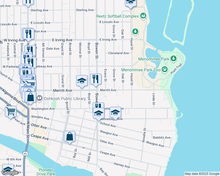 map of restaurants, bars, coffee shops, grocery stores, and more near 527 Grove Street in Oshkosh