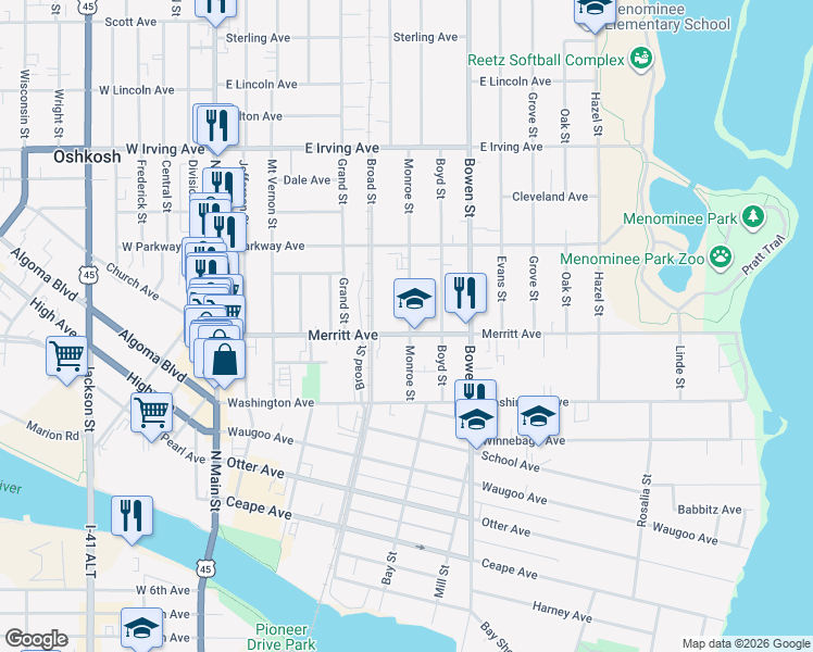 map of restaurants, bars, coffee shops, grocery stores, and more near 531 Monroe Street in Oshkosh