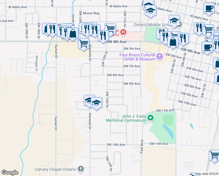 map of restaurants, bars, coffee shops, grocery stores, and more near 922 Southwest 12th Street in Ontario
