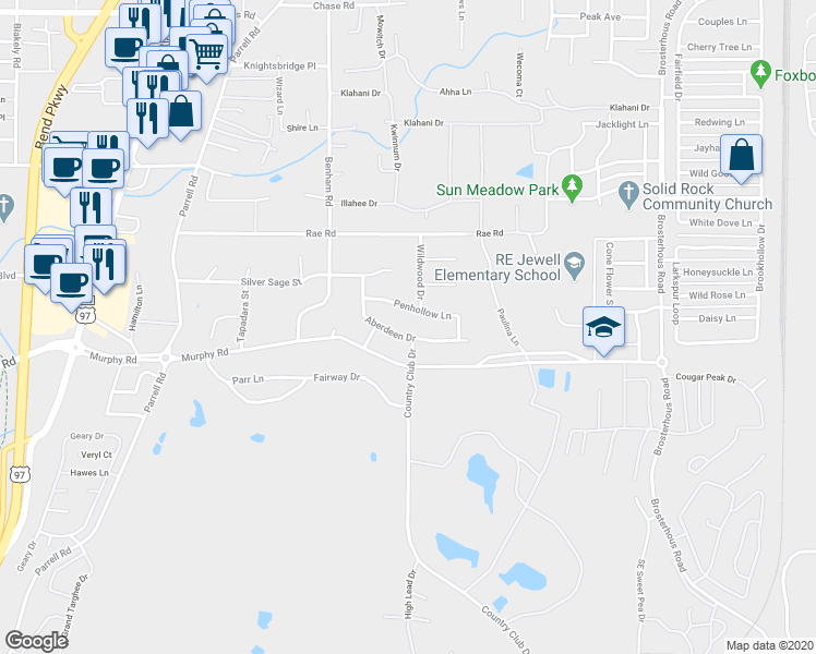 map of restaurants, bars, coffee shops, grocery stores, and more near 20392 Aberdeen Drive in Bend