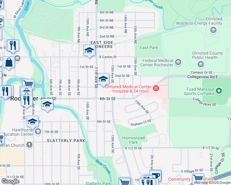 map of restaurants, bars, coffee shops, grocery stores, and more near 318 13th Avenue Southeast in Rochester