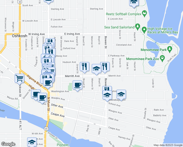 map of restaurants, bars, coffee shops, grocery stores, and more near 509 Monroe Street in Oshkosh