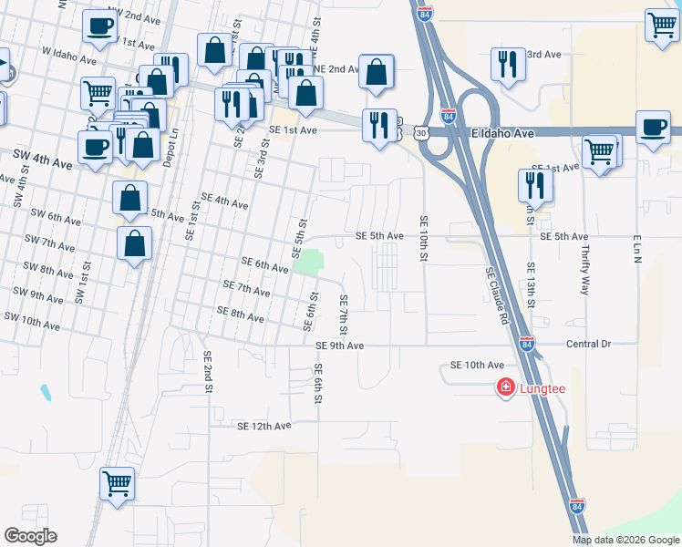 map of restaurants, bars, coffee shops, grocery stores, and more near 512 Southeast 5th Avenue in Ontario