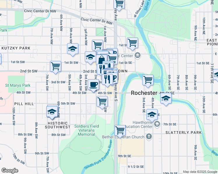 map of restaurants, bars, coffee shops, grocery stores, and more near 221 1st Avenue Southwest in Rochester