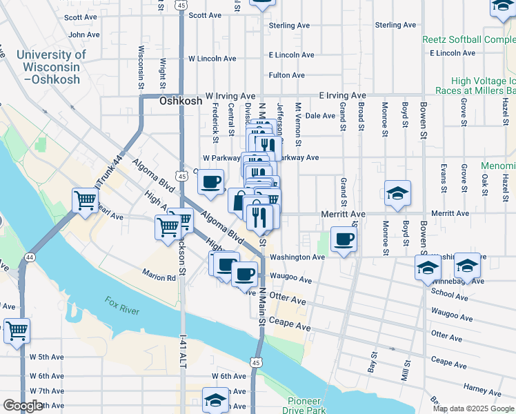 map of restaurants, bars, coffee shops, grocery stores, and more near 530 North Main Street in Oshkosh