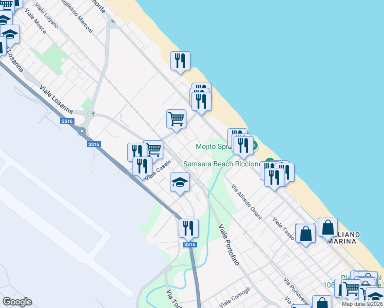 map of restaurants, bars, coffee shops, grocery stores, and more near 17 Viale Gozzano in Riccione