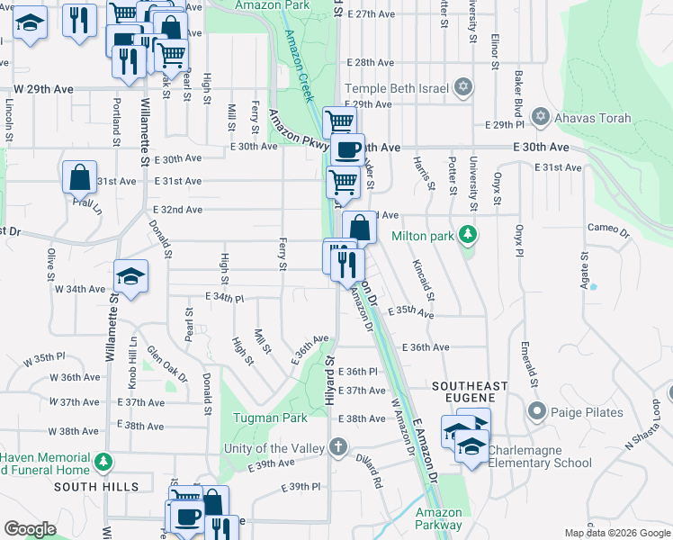 map of restaurants, bars, coffee shops, grocery stores, and more near Hilyard St & E 34th Ave in Eugene