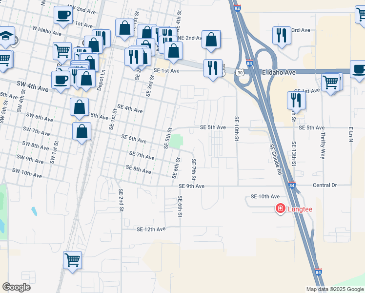 map of restaurants, bars, coffee shops, grocery stores, and more near 512 Southeast 5th Avenue in Ontario