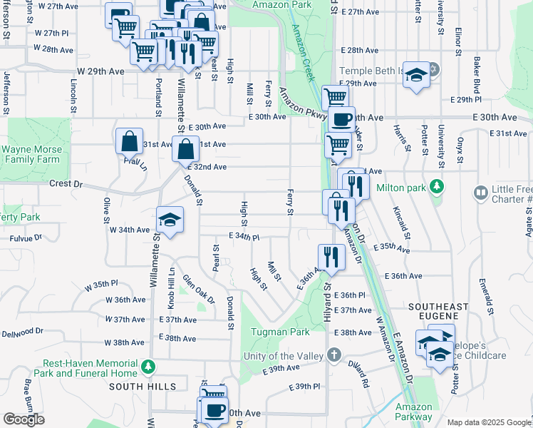 map of restaurants, bars, coffee shops, grocery stores, and more near 409 East 34th Avenue in Eugene