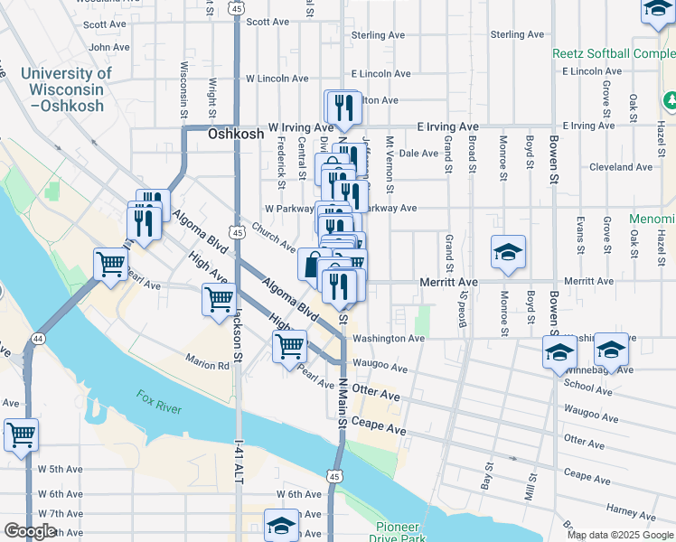map of restaurants, bars, coffee shops, grocery stores, and more near 530 North Main Street in Oshkosh